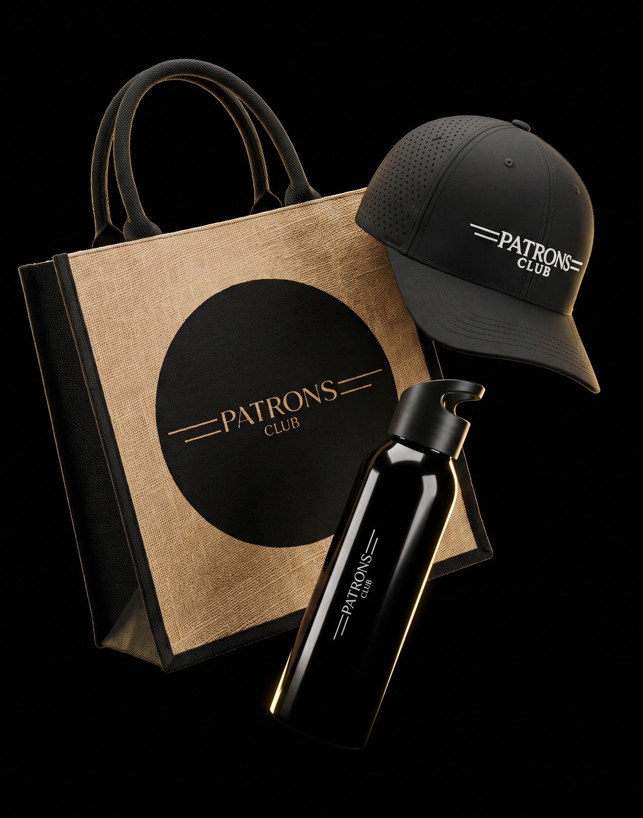 Patrons Club welcome bag with club apparel, water bottle and tote